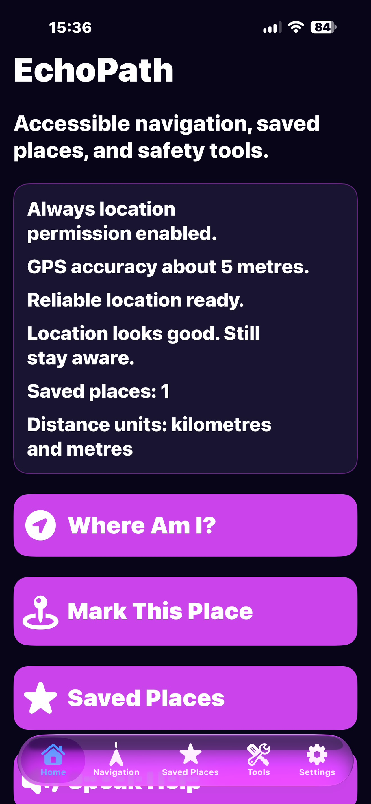 EchoPath home screen showing the app introduction and main features.